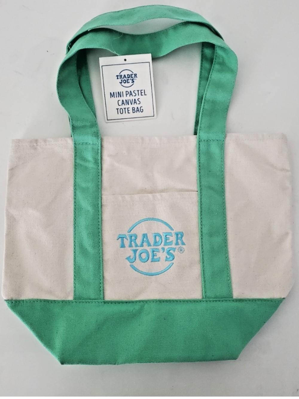 NWT TRADER JOE'S MINI PASTEL GREEN CANVAS TOTE BAG, NEW SPRING PASTEL COLOR - Picture 2 of 3